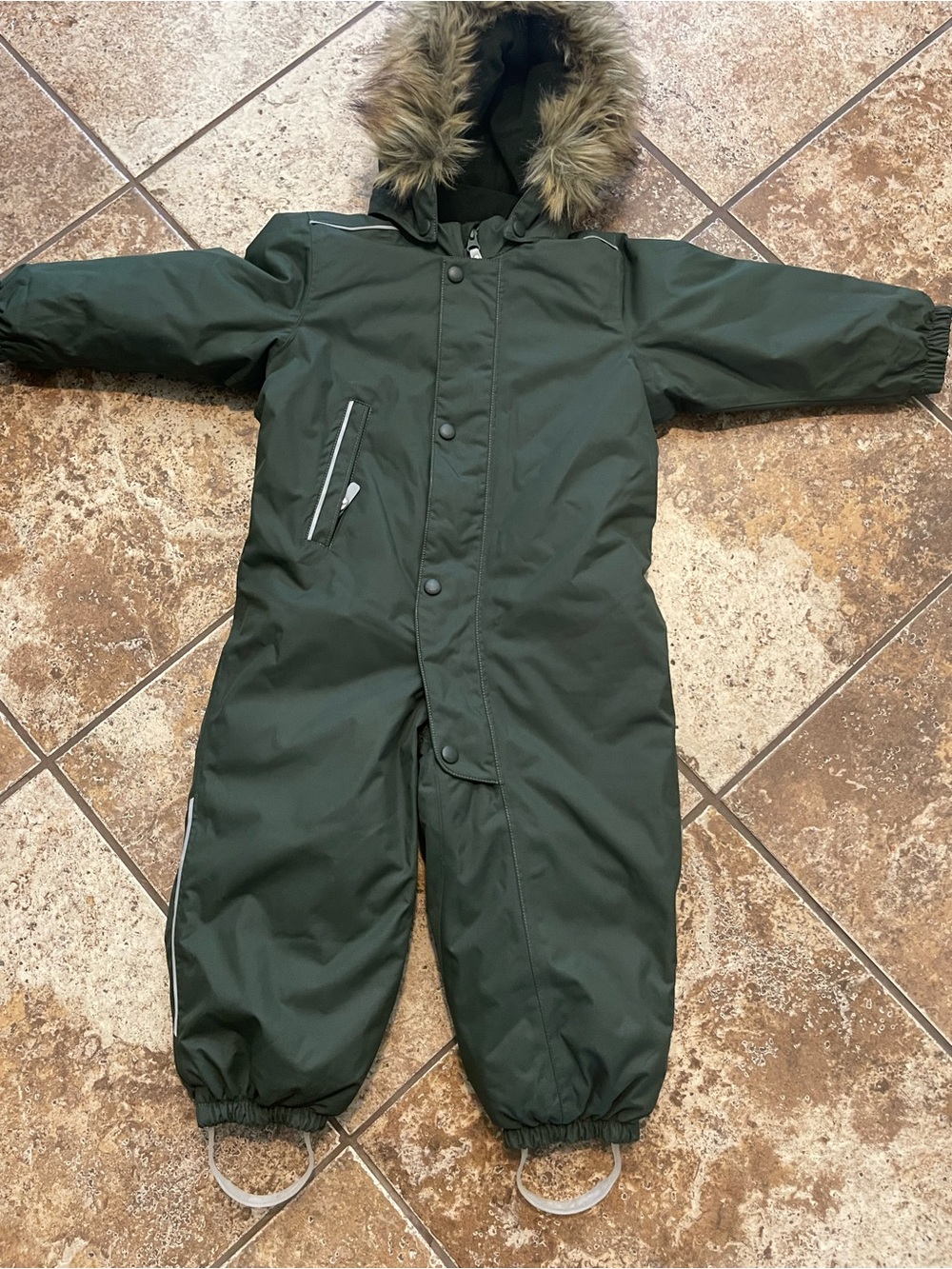 Reima Kids Insulated Dark Green One-Piece Snowsuit with Faux Fur Hood
